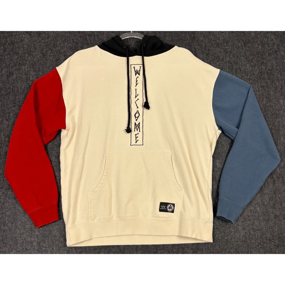Welcome Skateboards Hoodie Mens Large Colorblock Pullover Skate Streetwear Cream